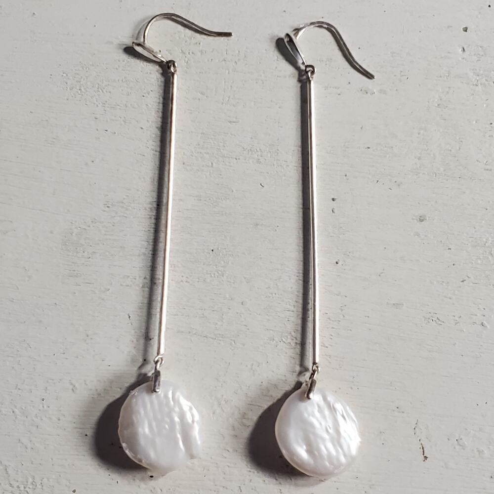 Vintage Baroque Coin Pearl Sterling Long Drop Earrings 3.5 Inch Drop